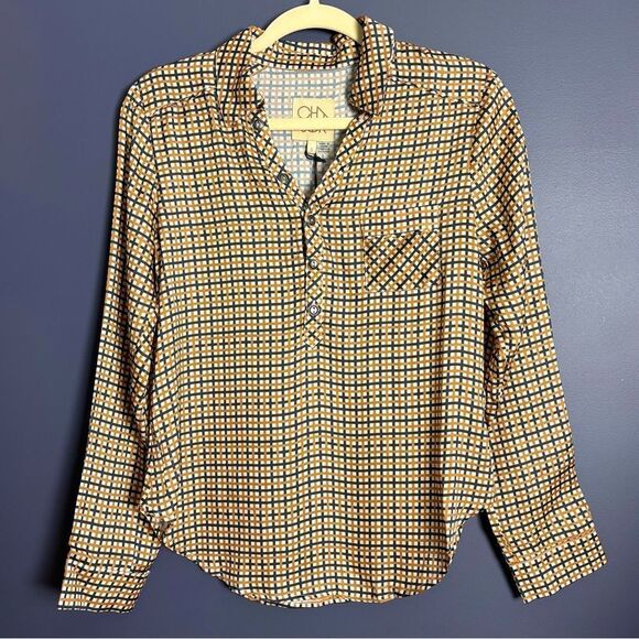 NEW Chaser Green & Mustard Yellow Checkered Popover Shirt Top Size Small Retro - Picture 1 of 9